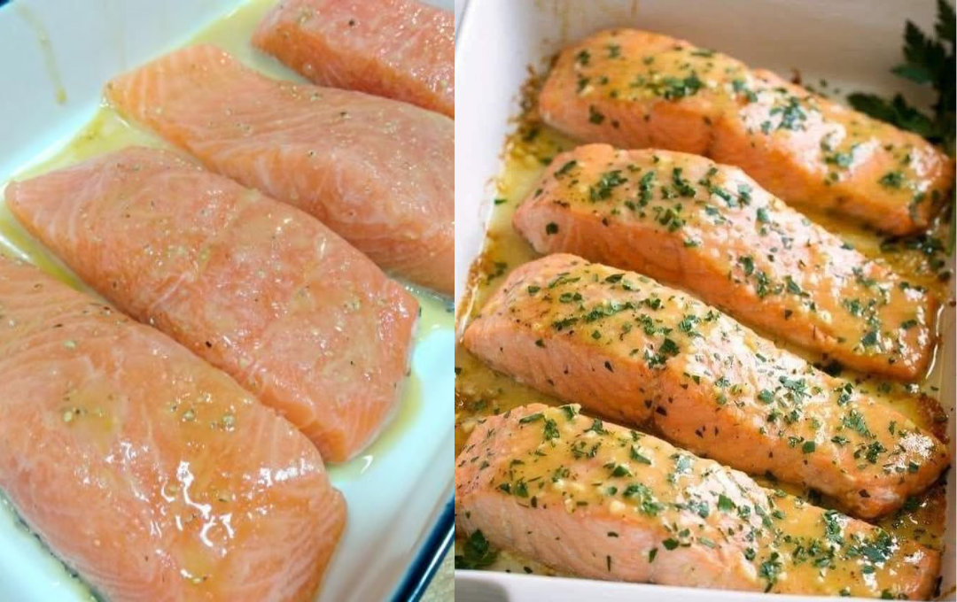Juntei suco de laranja natural com manteiga e assei esse salmão suculento na travessa que derrete na boca