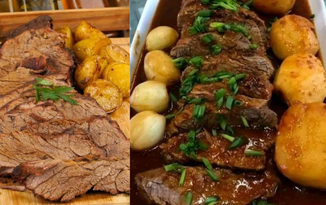 Fiz essa carne assada caipira na panela de pressão com creme de cebola e batatas inteiras que desmancha na boca
