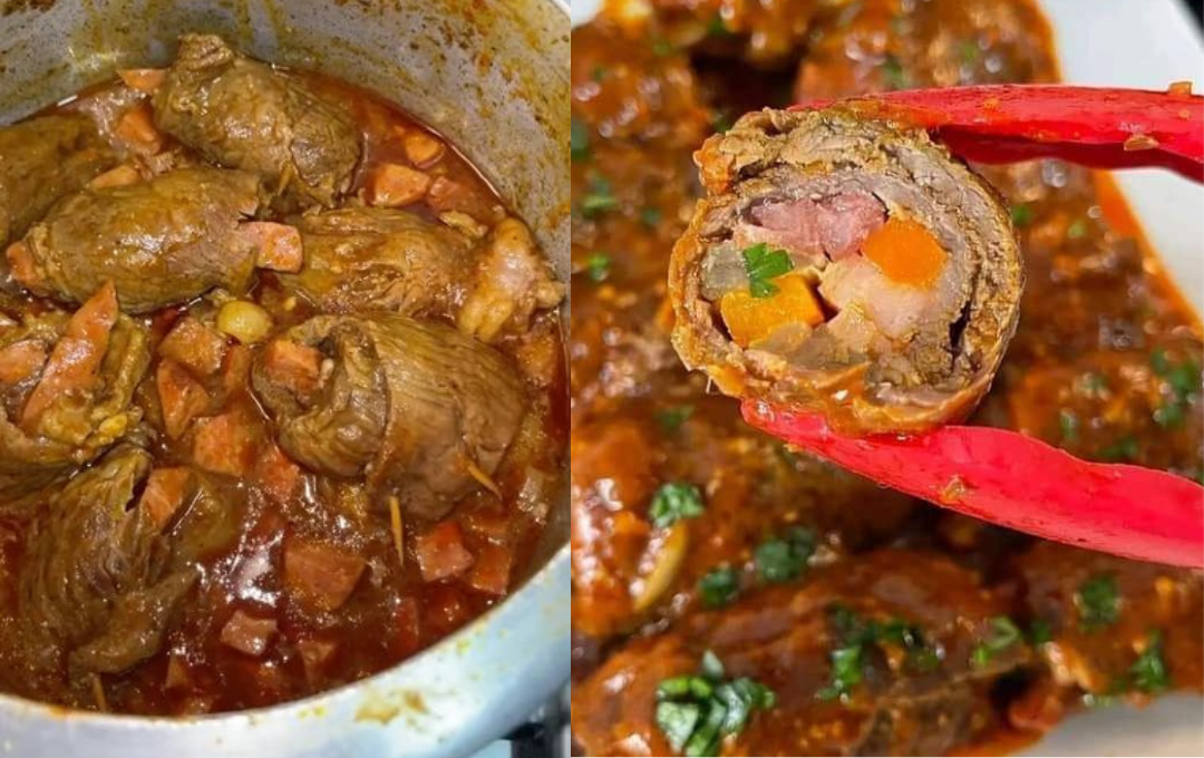 Enrolei bife fino com cenoura e bacon desse jeito e fiz o bife a rolê mais macio da minha vida