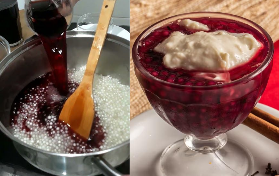 Cozinhei sagu no suco integral com especiarias e fiz a sobremesa mais aveludada da minha vida