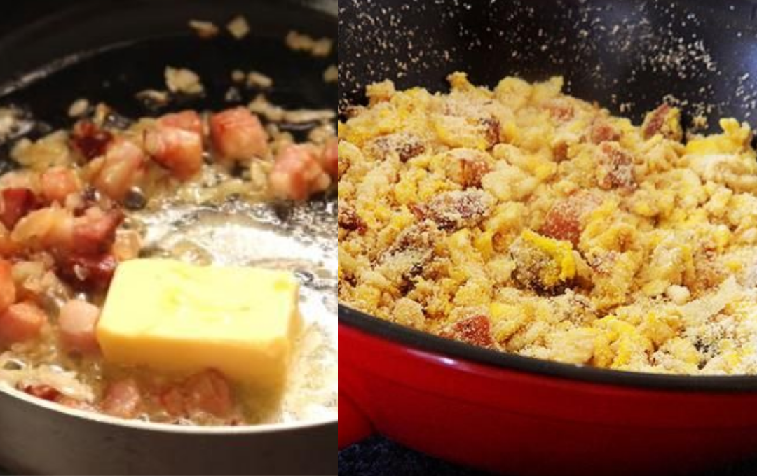 Fritei bacon crocante com manteiga e fiz a farofa de ovos mais úmida e soltinha da minha vida