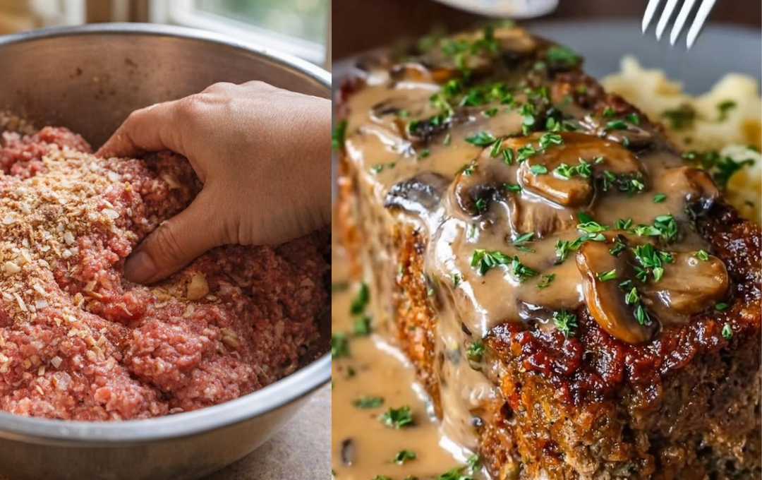 Bolo de carne rústico de forno com molho cremoso de cogumelos e crosta dourada