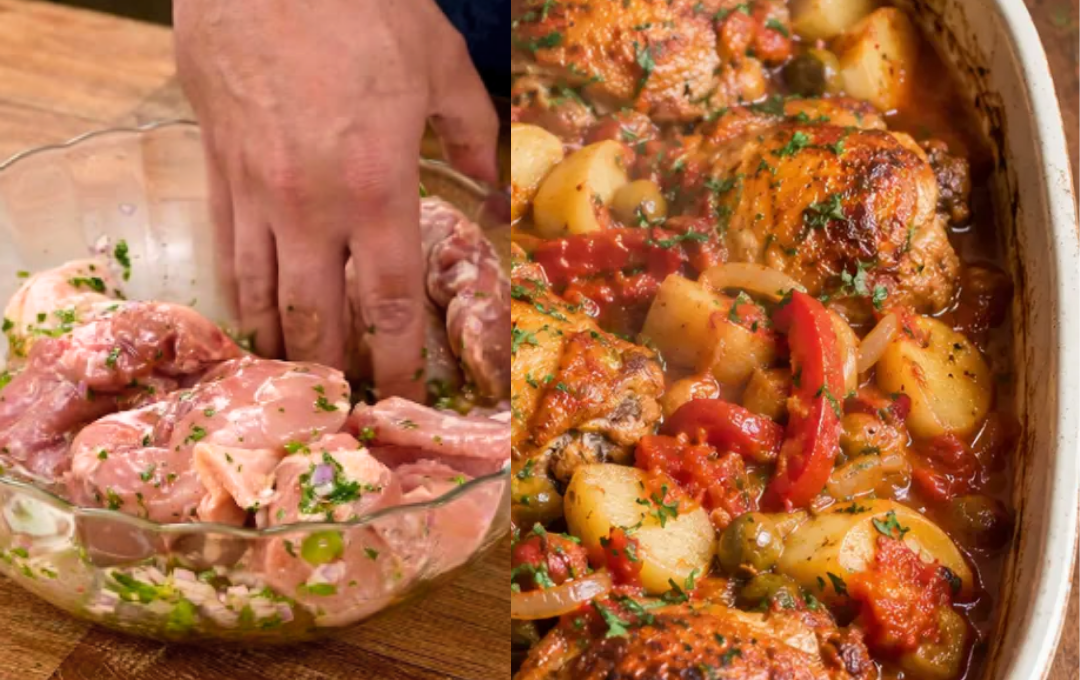 Sobrecoxas de frango à portuguesa na travessa: pele tostadinha, batatas douradas e molho rústico com azeitonas