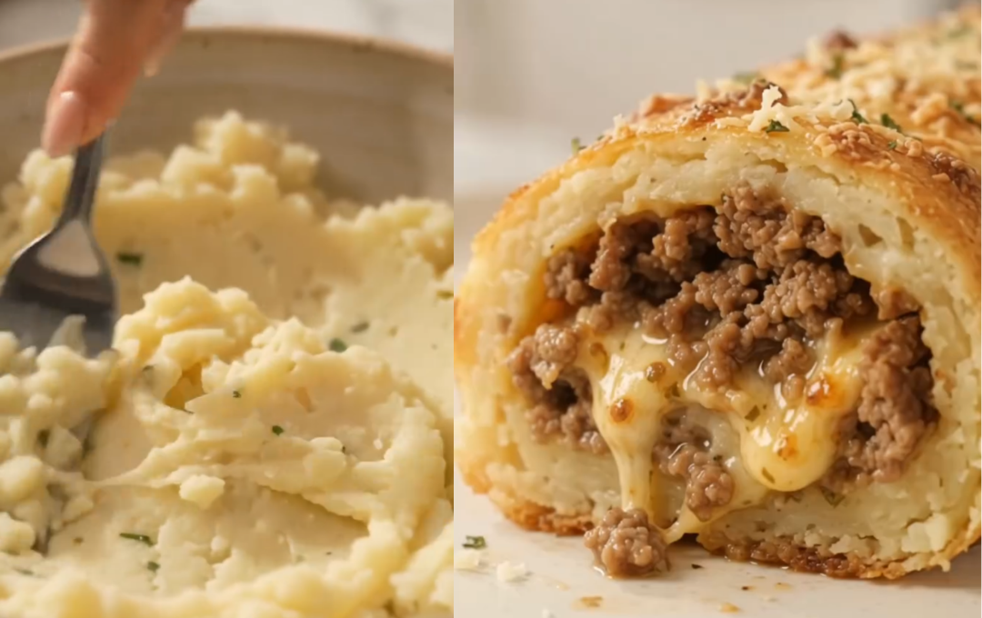 Enrolei carne moída no purê de batata com queijo e o resultado surpreendeu todo mundo aqui em casa